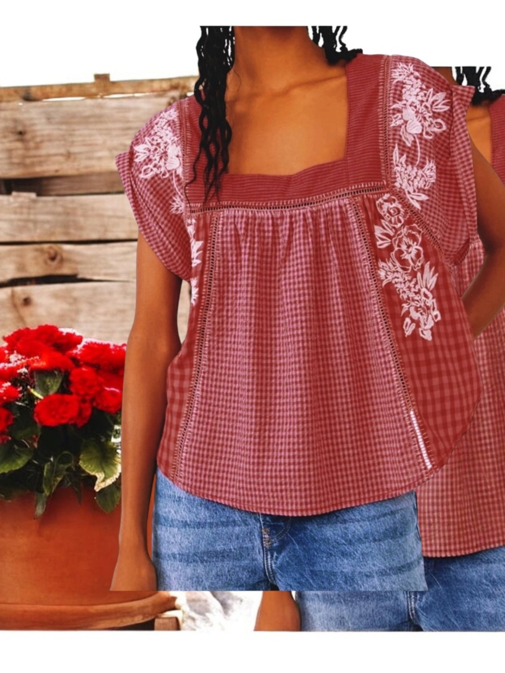 FREE PEOPLE HALF MOON EMBROIDERED TOP CHERRY WHITE SMALL LARGE - Picture 4 of 8